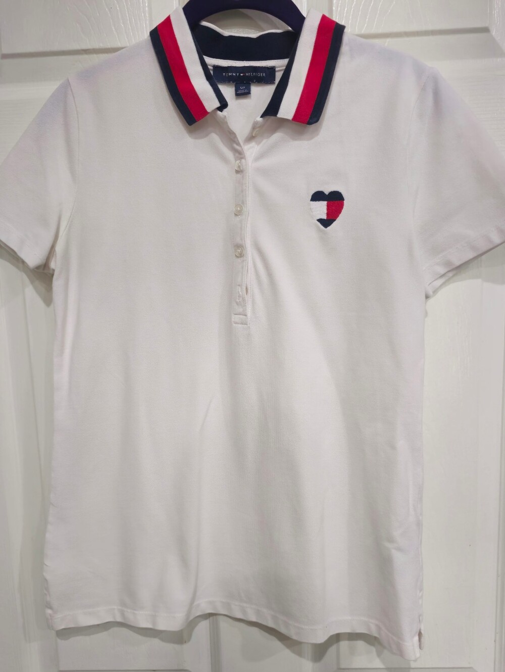 Tommy Hilfiger White Polo with Navy and Red Trim Heart Logo